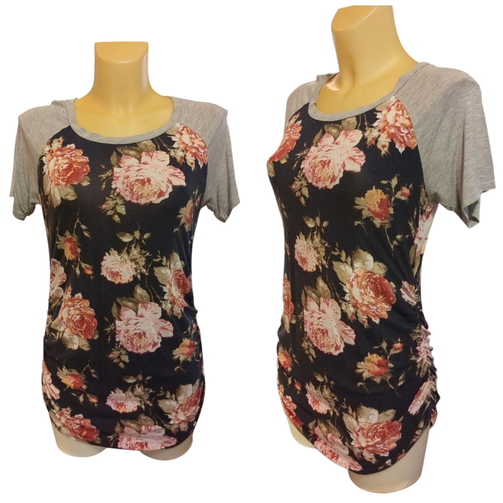 🌹3/15🌹LA CLEF Blue Pink Grey Stretchy Floral Maternity Short Aleeve Shirt